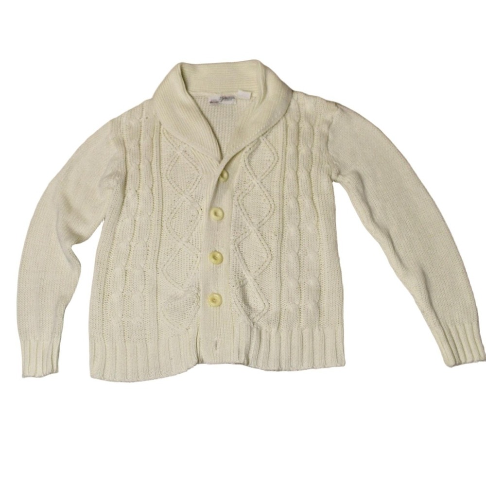 Vintage Cable Knit Cardigan Shawl Collar Cream Ivory White Sweater Womens Large